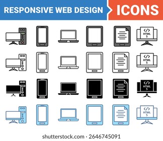 Responsive web design icon set with multiple style collection.