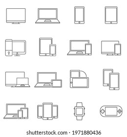 Responsive web design icons for computer monitor, smartphone, tablet and laptop. Outline symbol collection. Web Design, Mobile App. Eps10
