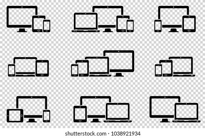 Responsive web design icons in different positions on transparent background. Vector illustration.