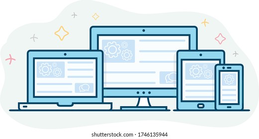 Responsive web design icons. Landing page is open on different devices: laptop, computer, tablet, smartphone