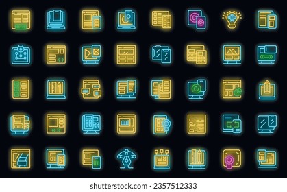 Responsive web design icons set outline vector. Digital content. Mobile user neon color on black