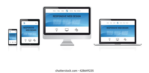 responsive web design illustration, media devices with modern homepage on white background