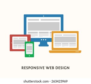 Responsive web design illustration with smartphone, desktop computer, laptop and tablet PC icons and web site on the screens. Flat vector illustration. 
