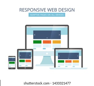 Responsive web design. Minimalist pages layout template adaptive for all devices computer tablet laptop and smartphone vector pictures. Illustration of laptop and mobile device, adaptive page