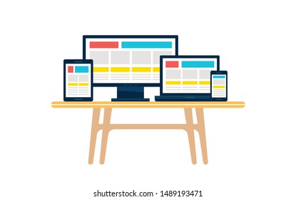Responsive web design. Minimalist pages layout template adaptive for all devices computer tablet laptop and smartphone vector