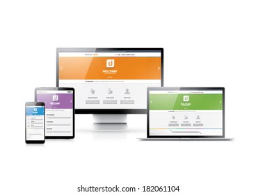 Responsive web design in modern highly detailed electronic devices. Flat website styles in four colors.