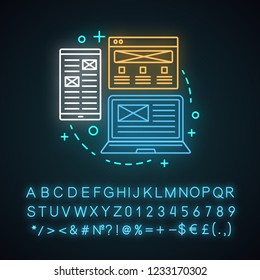 Responsive web design neon light concept icon.  App for different devices idea. Mobile and desktop applications. Glowing sign with alphabet, numbers and symbols. Vector isolated illustration