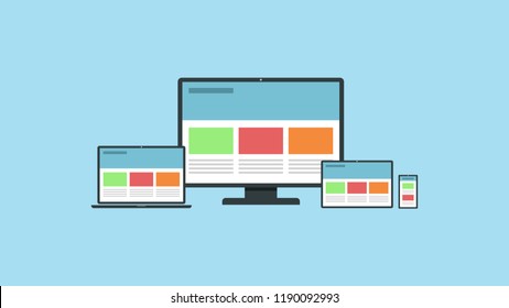 Responsive web design on different devices. Vector illustration of a responsive web design on desktop, laptop, tablet and smartphone. EPS10 compatible