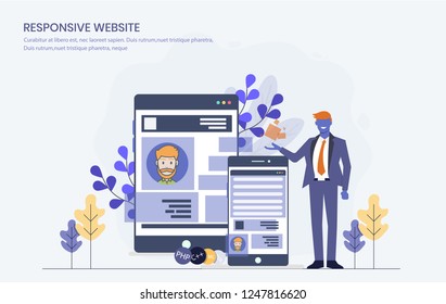 Responsive web design on different devices. Vector illustration of a responsive web design on desktop, laptop, tablet and smartphone. EPS10 compatible
