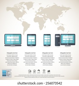 Responsive web design on different devices infographic / background with world map - EPS10 vector.All elements in separate layers.