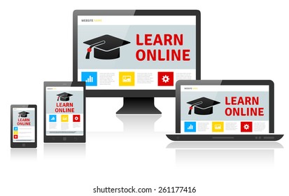 Responsive web design on different devices - LEARN ONLINE. Vector illustration.