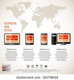 Responsive web design on different devices infographic / background with detailed world map - EPS10 vector.All elements in separate layers.