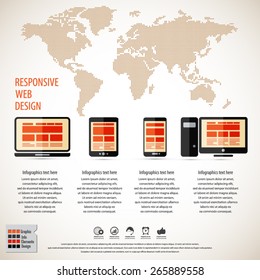 Responsive web design on different devices infographic / background with dotted world map . EPS10 vector.