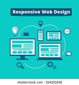 Responsive web design on different devices - digital tablet, desktop computer, smartphone, laptop. Vector flat illustration. 