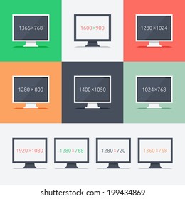 Responsive web design on monitors with different aspect ratio size 1366x768 1280x1024 1400x1050 1024x768 in flat design. Set for web and mobile applications
