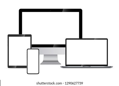 Responsive Web Design Presentation on Devices Screens Mock-Up. Blank Computer Gadgets with White Blank Screens Web Site Template. Vector Illustration.