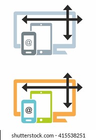 Responsive web design screen-width graphic with desktop, tablet and mobile icons in two colorways.
