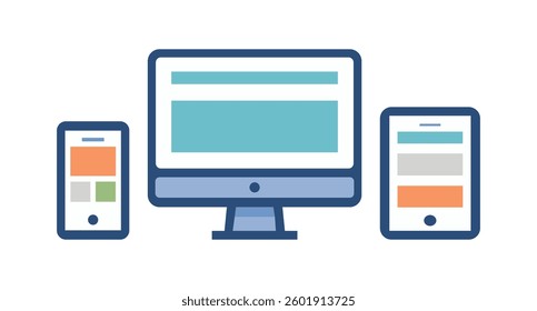 Responsive web design showcasing a multi-device layout with a cross-platform interface. Mobile, tablet, and desktop icons displaying a mobile-friendly webpage.