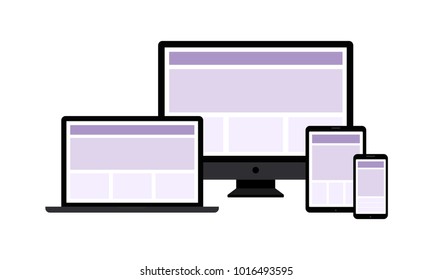 Responsive web design. Single site to support many devices, web page render well on a variety of screen sizes. Vector flat style cartoon responsive design illustration isolated on white background
