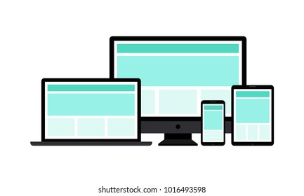 Responsive web design. Single site to support many devices, web page render well on a variety of screen sizes. Vector flat style cartoon responsive design illustration isolated on white background