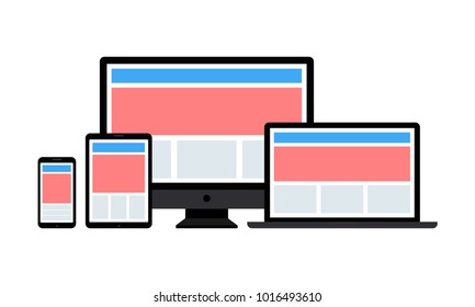 Responsive web design. Single site to support many devices, web page render well on a variety of screen sizes. Vector flat style cartoon responsive design illustration isolated on white background