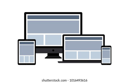 Responsive web design. Single site to support many devices, web page render well on a variety of screen sizes. Vector flat style cartoon responsive design illustration isolated on white background