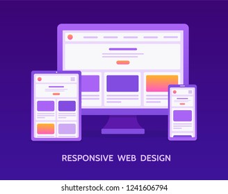 Responsive web design. Testing the site on different devices: computer, tablet and smartphone. Flat vector illustration.