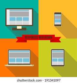 Responsive web design. Various device icon. Flat design vector illustration with minimalistic modern digital tablet, laptop, desktop computer and smart phone vector eps10