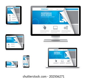 Responsive web design vector concept with curved paper corner