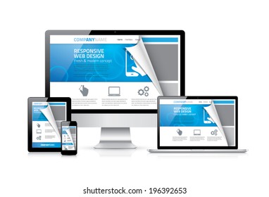 Responsive web design vector. Framework behind awesome website styling for perfect illustration of modern computer development concept. Almost real looking electronic vector devices.