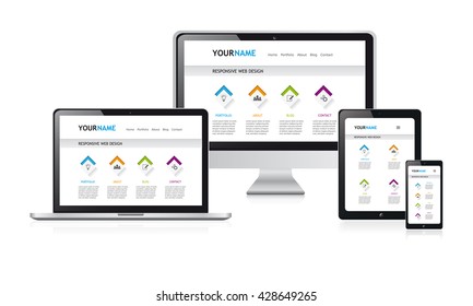 responsive web design vector illustration on media devices, white website template with colorful buttons, white background, 