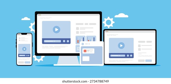 Responsive Web Design and Video Player Interface on Multiple Devices Vector Illustration