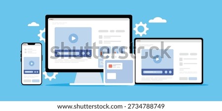 Responsive Web Design and Video Player Interface on Multiple Devices Vector Illustration