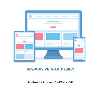 Responsive web design. The website is open on different devices: computer, tablet and smartphone. Flat vector illustration.