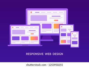 Responsive web design. The website is open on different screens: laptop, computer monitor, tablet and smartphone.  Flat vector illustration.