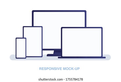 Responsive web design. The website is open on computer, laptop, tablet and smartphone. Flat vector /Icon illustration. Mock-up for insert image.