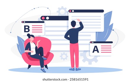 Responsive web design. Woman and man developing graphic elements for website. Graphic designers and freelancers. Creating UI and UX design elements. Flat vector illustration