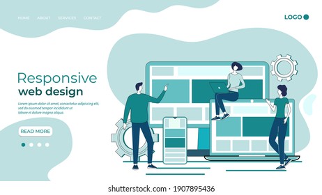 Responsive web design.People develop a responsive website Interface.Ui Ux designer.The concept of the process of forming a creative product.Design development for multiple devices.