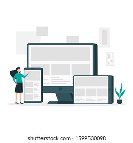 responsive web illustration vector design concept. women develop website. development website 
 responsive concept. web, banner, landing page, website, social media post