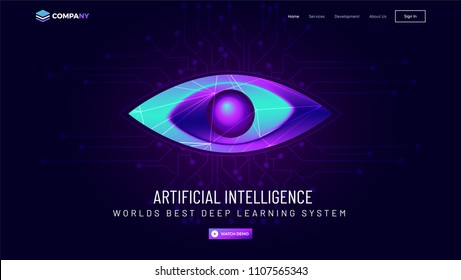 Página de inicio web de respuesta, ojo humano con rayos digitales para el concepto de seguridad de Inteligencia Artificial.