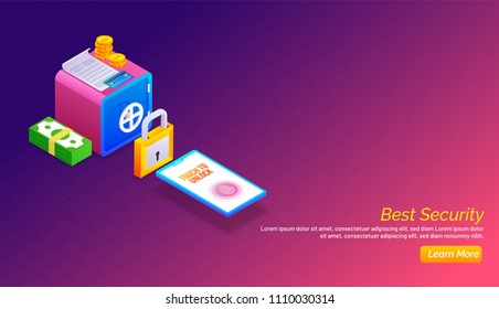Página de inicio web de respuesta para el concepto de seguridad de transacciones de dinero en línea con localizador isométrico, dinero, bloqueo de seguridad y smartphone. 