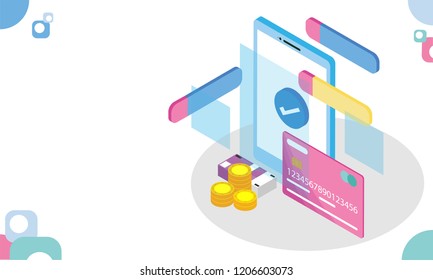 Diseño de páginas web de respuesta con ilustración isométrica de smartphone, pila de monedas y tarjeta de débito para compras en línea y concepto de pago.