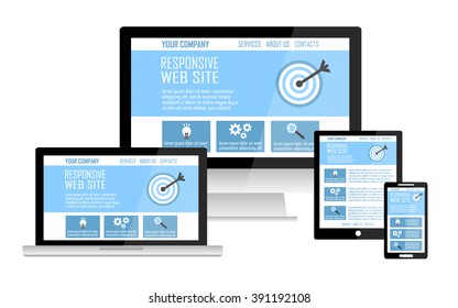 Responsive web site design flat concept in electronic devices: computer, laptop, tablet, mobile phone. Vector illustration, technologies.