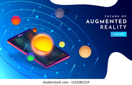 Responsive web template design with isometric illustration of space with planets on smartphone screen for Augmented Reality (AR) concept.