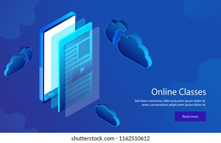 Responsive web template design with isometric illustration of smartphone with video play window on shiny blue background for Online Classes concept.