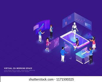 Responsive web template design with isometric illustration of business people analysis data through vr glasses, biometric face identity scanner for Virtual Co-Working Space concept.