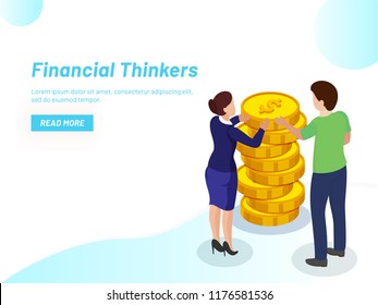 Responsive web template design, Lady advisor providing financial support to businessman for betterment of his company for Financial Thinker concept based isometric design.
