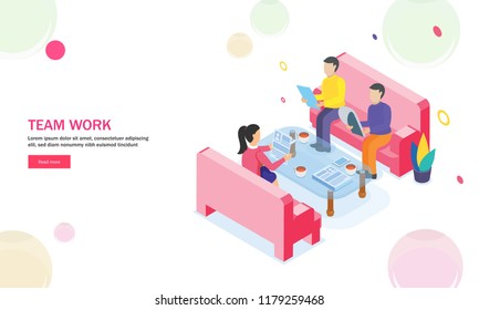 Responsive web template design, miniature business people in a meeting room, isometric design for Teamwork concept.
