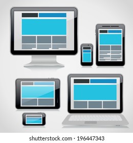 Responsive webdesign technology on 3d devices - computer desktop, tablet pc, smartphone, 10 eps