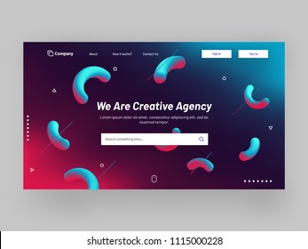 Responsive Website Banner Or Landing Page Design With Fluid Art Abstract Elements For Creative Agency Concept.